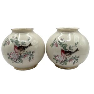 Lenox Serenade Globe Vase 4.75" Hand Painted with Gold Rim Birds Floral Set of 2